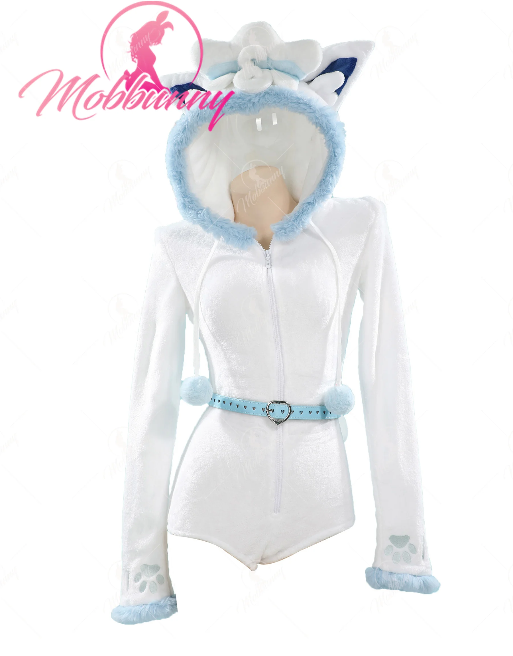 

Походный пушистый облегающий комбинезон 2025 года, сексуальное нижнее белье, белое, синее меховое боди с капюшоном, поясом с хвостом и носками