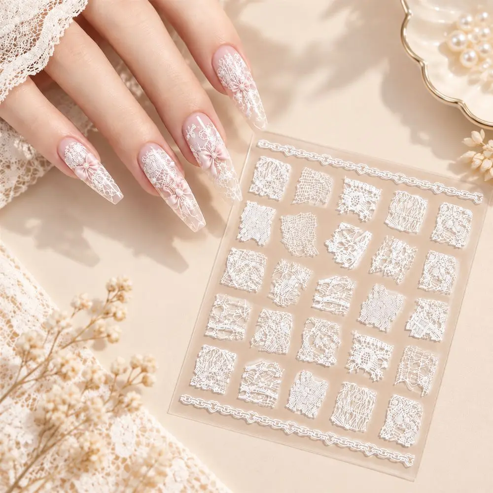 1Pc Delicate 5D Mesh Lace Nail Art Stickers White Embossed French Nail Decals Self-Adhesive for Chic Daily Manicure Decor