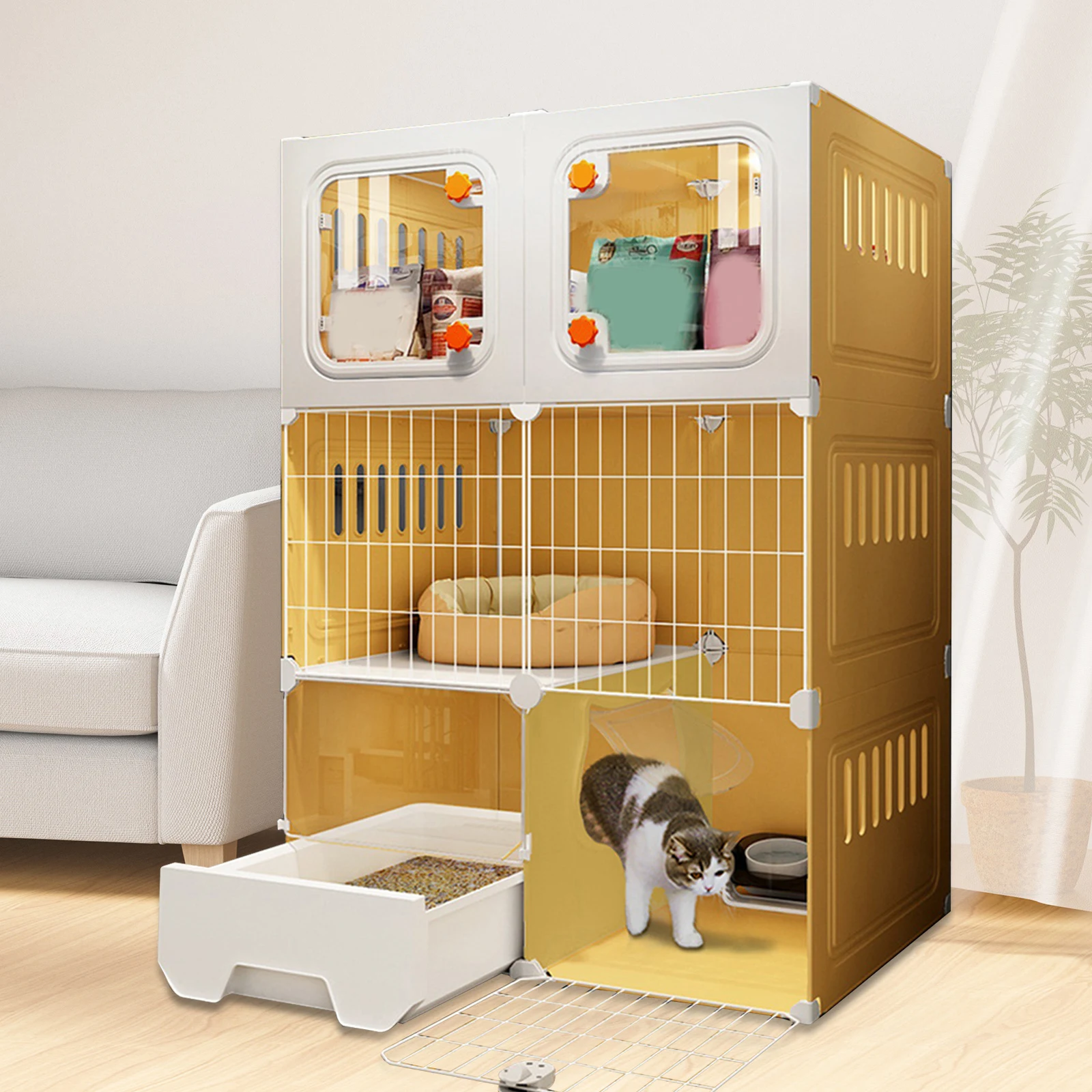 

Integrated Cat House Hammock Cat Crate Indoor Catio Indoor Pet Cat House(Yellow)