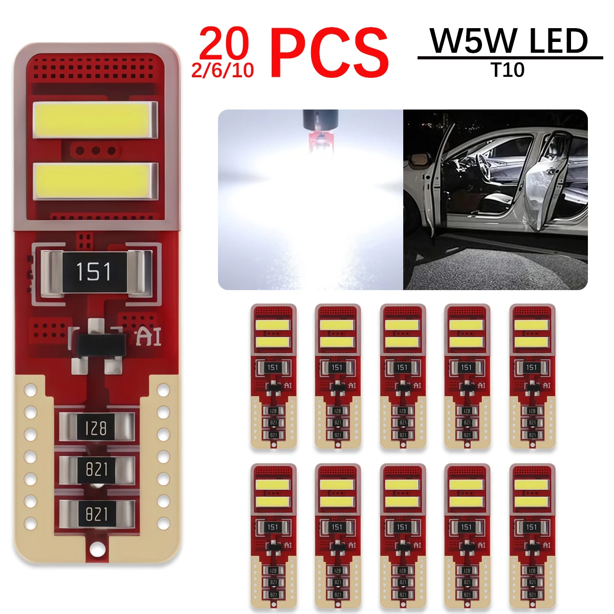 

10 PCS Car styling T10 W5W Auto led Bulb canbus 4 SMD 7020 2 Sides 0.14A 12V Car Side Wedge Light Clearance Lights Reading White