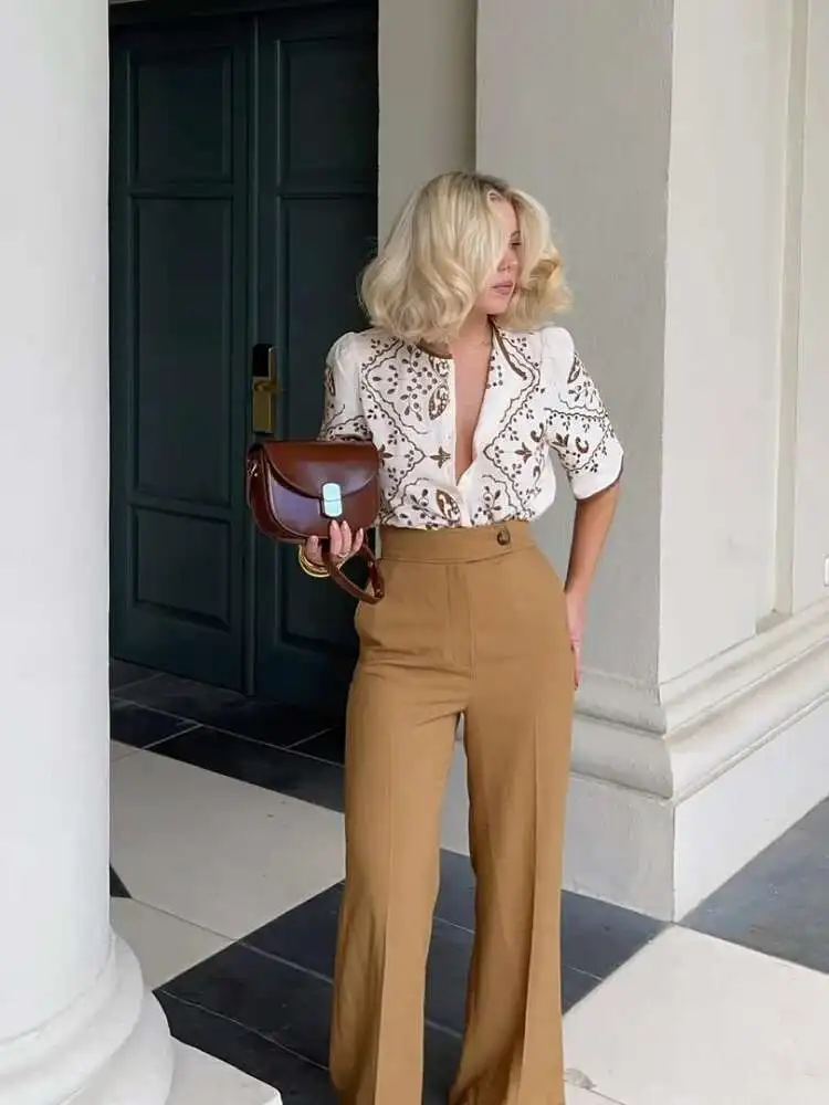 خمر جولة الرقبة قصيرة الأكمام بلوزة مطبوعة موضة واحدة الصدر المرقعة القمم جديد أنثى BabYoungHighstreet قميص 2025