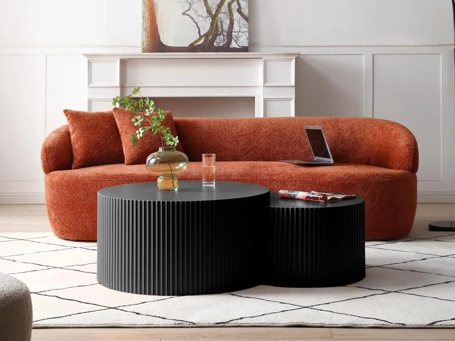 

Nesting Round Coffee Table Set of 2 Crescent Accent Tables Matte Black Metal for Living Room, Customized