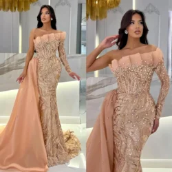 Champagne Pearls Mermaid evening dresses elegant one sleeve Sequined Formal prom dress Side Train long sleeves robe de soiree