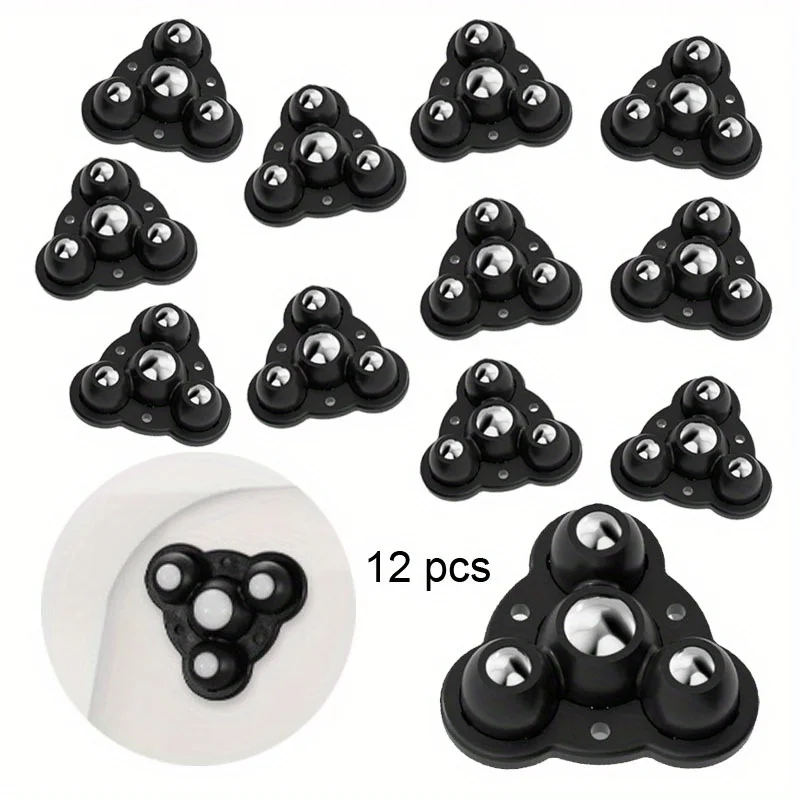 12pcs Self Adhesive Type Mute Ball Universal Wheel 3 Beads Furniture Casters Wheels Stainless Steel Wheel 360° Rotation