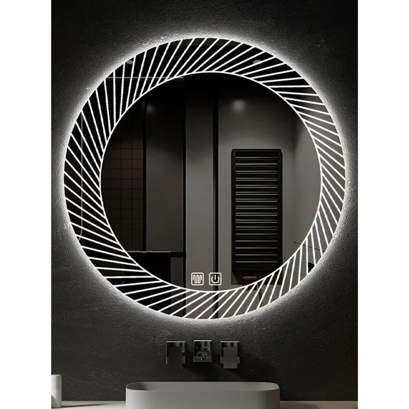 Perforated circular intelligent bathroom mirror, bathroom wall mounted mirror, touch defogging multifunctional illuminated