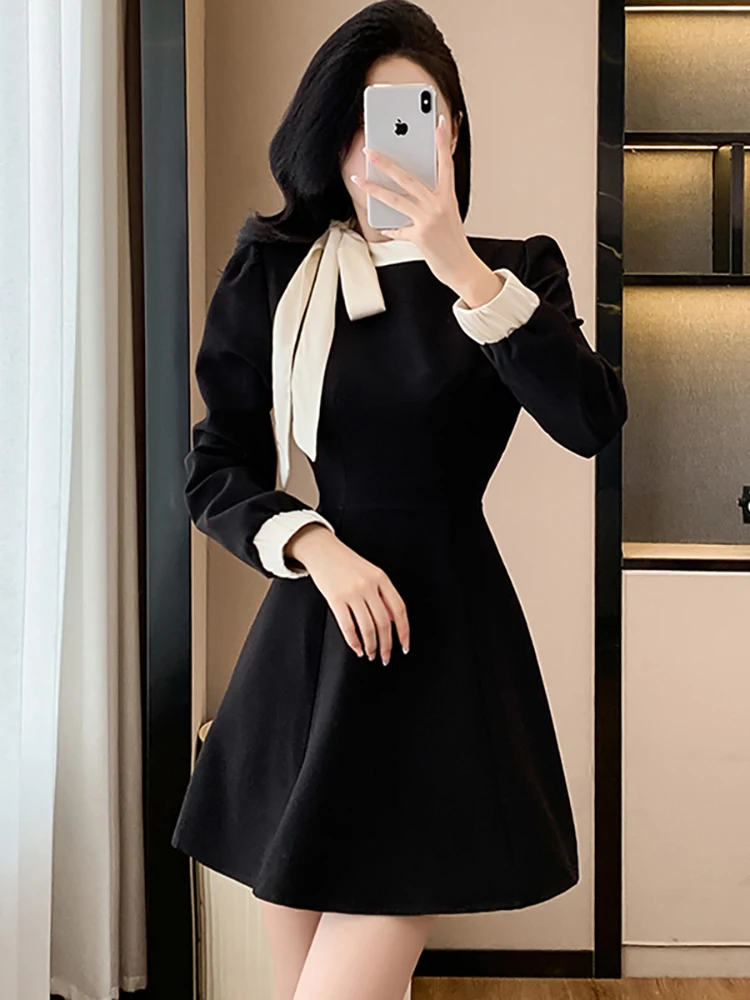 Herfst Winter Zwarte Lange Mouw Chique Boog Kraag Mini Jurk Vrouwen Elegant Casual A-lijn Jurk 2025, Koreaanse Bodycon Festival Jurken