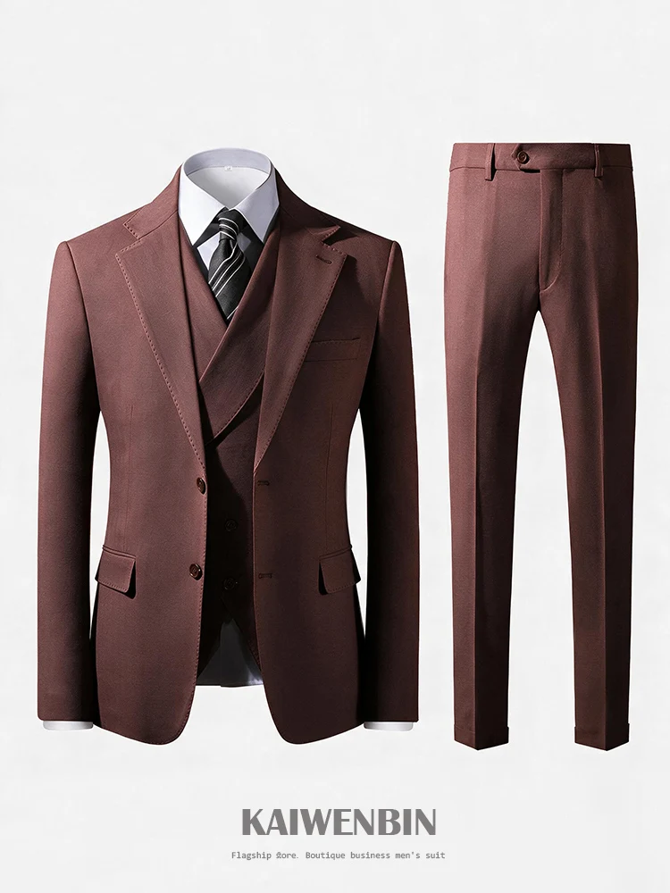 Brown Red Men Suit 3 Piece Wool Vintage Style Half Canvas Custom High Quality Slim Fit Male Italian Fashion Set Jacket Pant