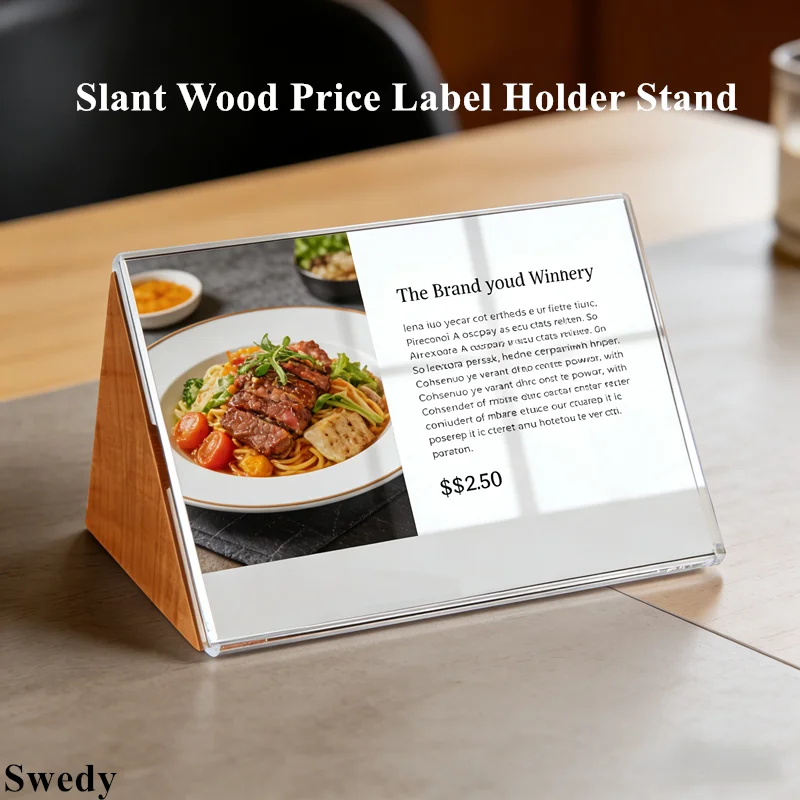 120x80mm Wood Acrylic Sign Holder Display Stand Restaurant Table Menu Paper Payment QR Code Holder Price List Label Card Stand