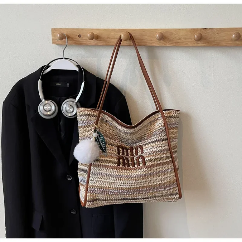 

2025 Rainbow Woven Tote Bag Women Lightweight Beach Shoulder Purse Adjustable Strap Boho Crossbody Day to Night