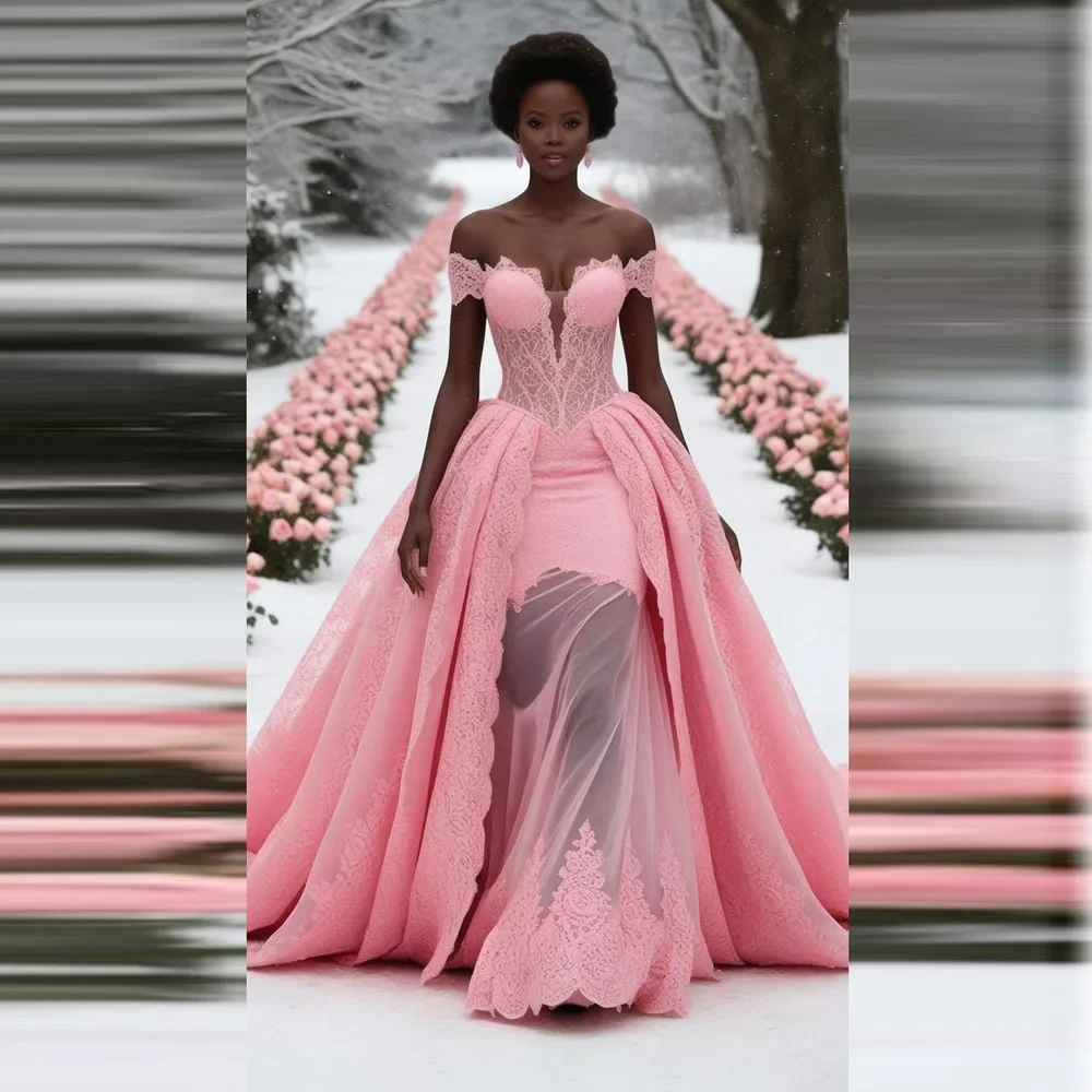 

Elegant Pink Evening Party Dress Black Girls Aso Ebi Birthday Gowns Mermaid Prom Dresses With Detachable Train Off The Shoulder