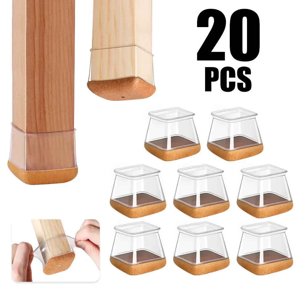 20 PCS Chair Leg Protectors Rectangle for Hardwood Floors Silicone Caps Covers Felt Furniture Pads Clear Chair Sliders