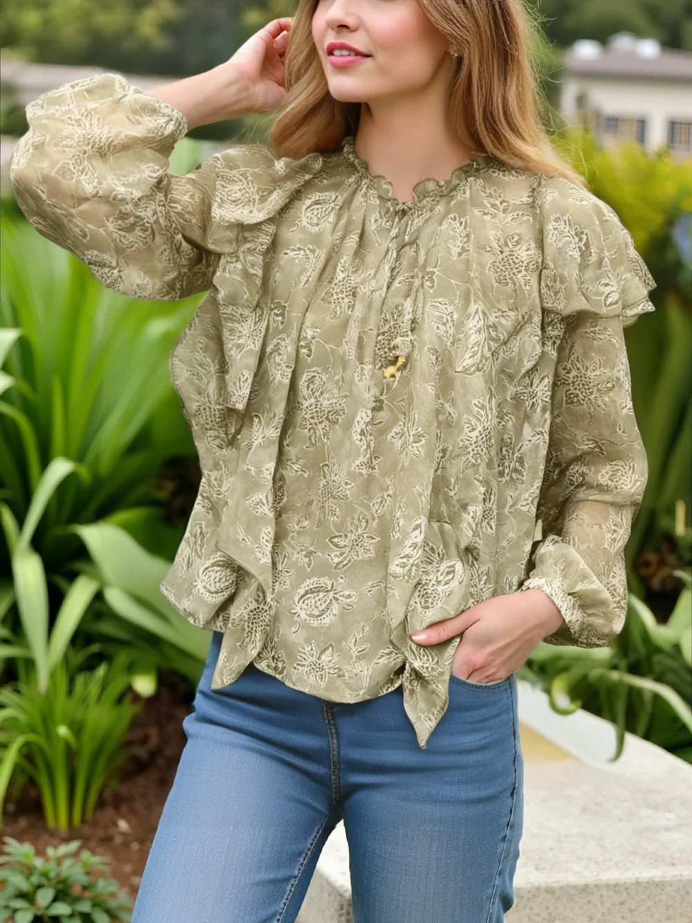 

PB&ZA women's shirt with ruffle details and floral print long sleeves, elegant design, fashionable look