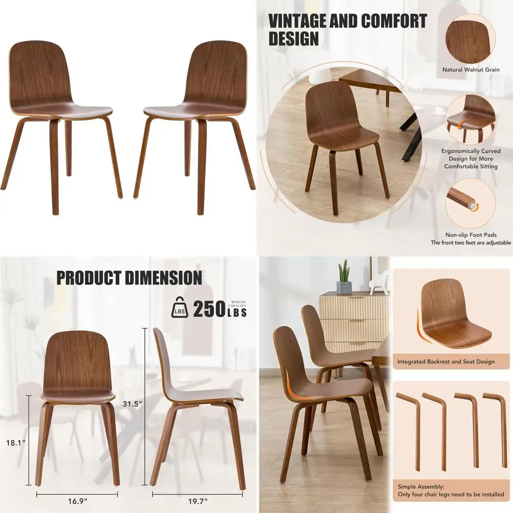 

Pair of Modern Walnut-Grain Dining Chairs: Armless, Backrest, Swivel with Non-Slip Pads for Kitchen