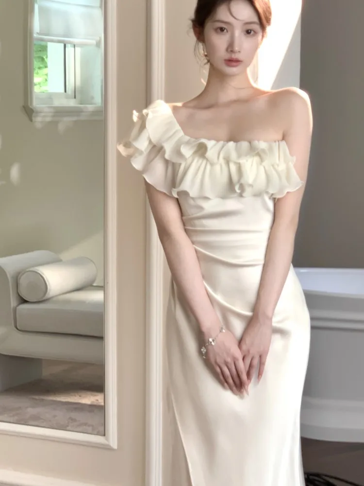 Mulher elegante chique cetim sereia vestido de noite coreano babados slash neck fino ajuste vestidos de festa moda sólida midi robe