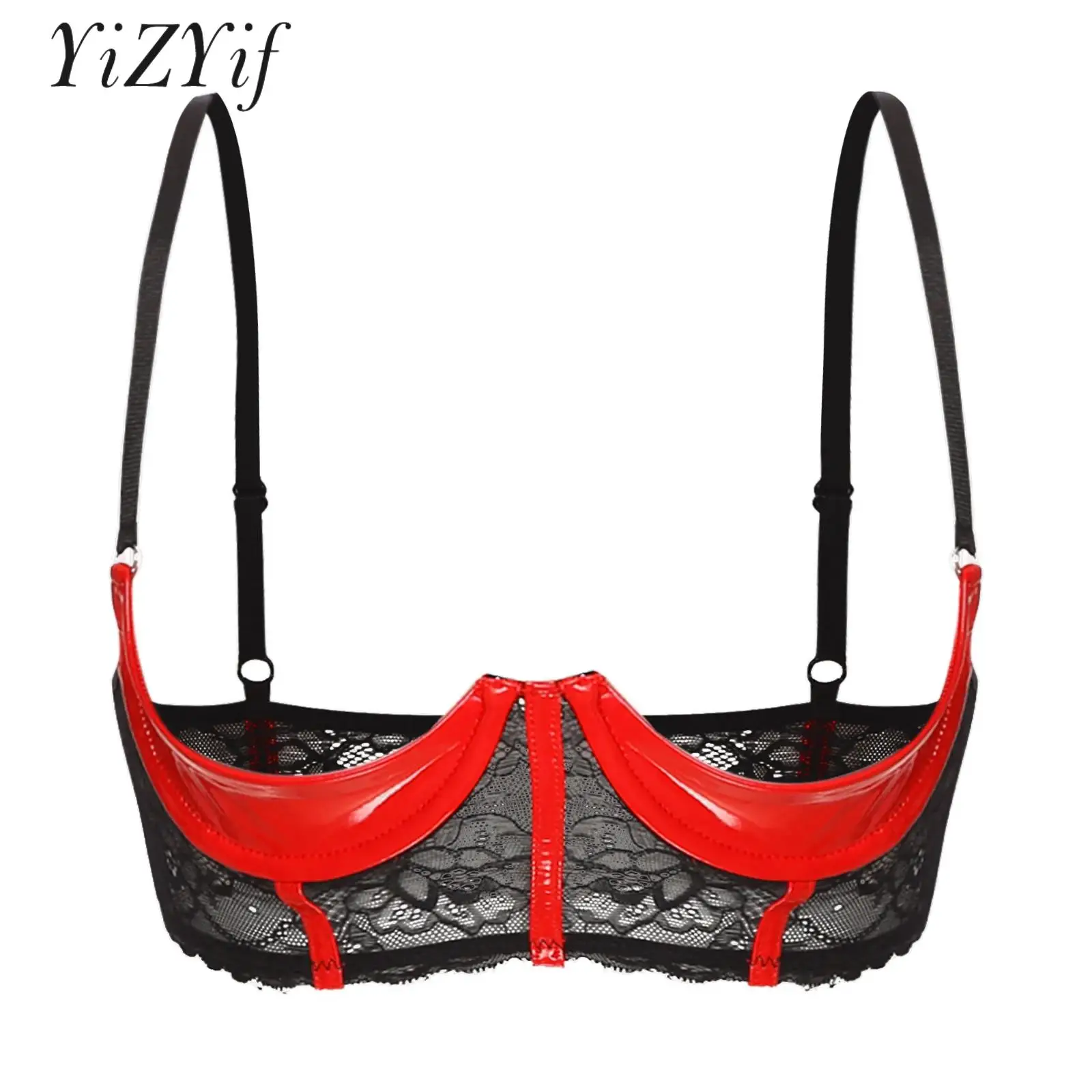 

Women Floral Lace Lingerie Open Chest Bra Half Cup Bow Lace Push Up Balconette Underwear Wetlook Leather Tops Back with Hook