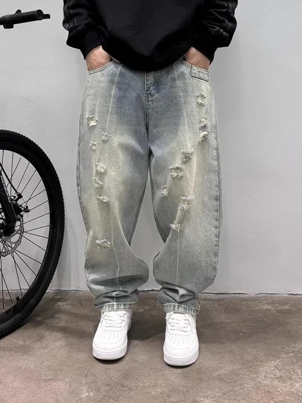 

Summer New Sle Men's Loose Fit Straight Leg Jeans High Waist Long Pants Wear Resistant Casual Ripped Denim Trousers