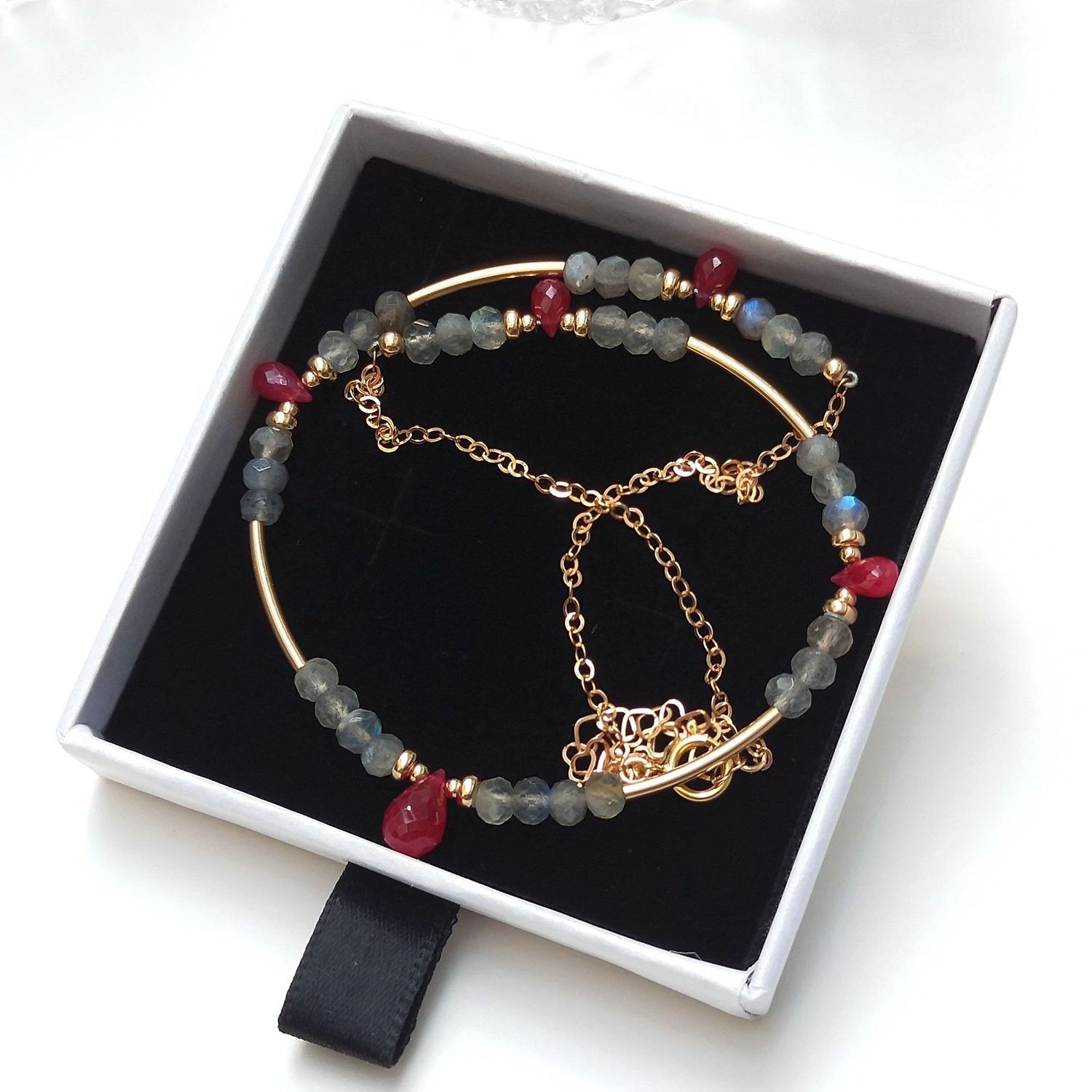 

Lii Ji Natural Red Ruby With Labradorite Handmade Chain Necklace 38+3cm Natural Gemstone Jewelry For Gift