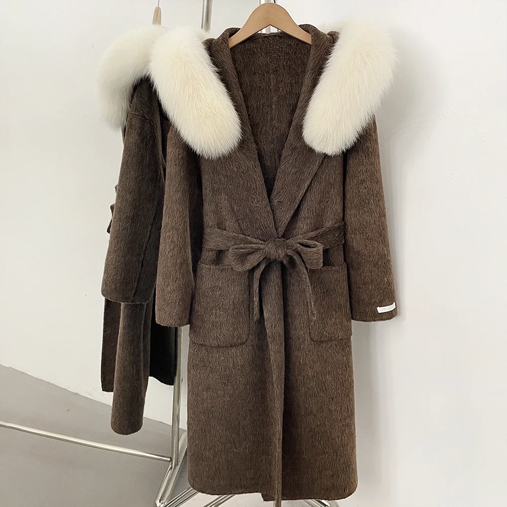 OFTBUY Luxuriöse Wolljacke mit Echtfellkragen und Kapuze, 100% Wollmantel für Damen, Neue Herbst-Winter-Lange Kleidung mit Natürlichem Fell – Detail 17