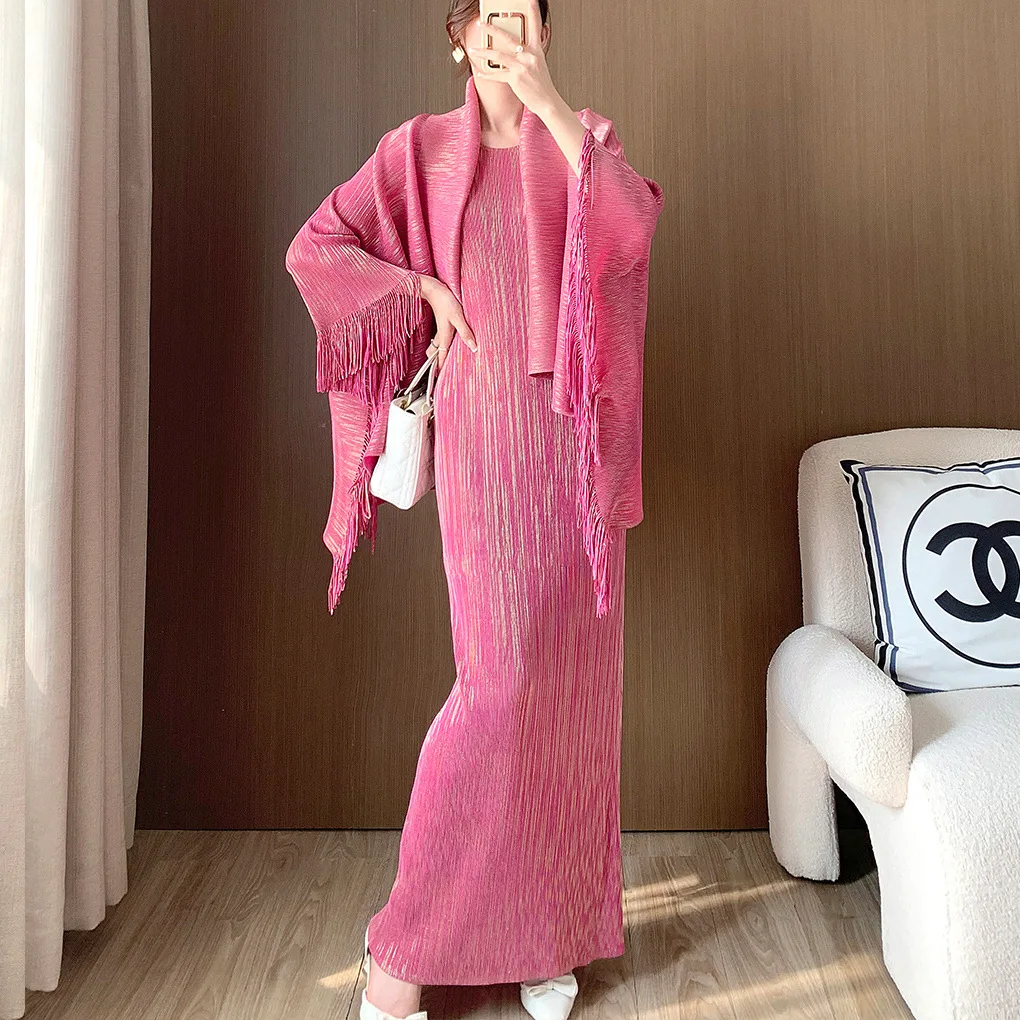 Unique and Unique Skirt Set, Royal Sister Style, Fashionable Fringe Pleated Dress, Long Skirt, Shawl Coat, Two Piece Dress Set