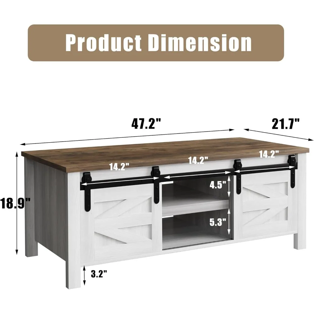 Mesa de centro com portas deslizantes e para armazenamento, mesa de sala de estar com prateleiras ajustáveis, mesa central rústica de madeira