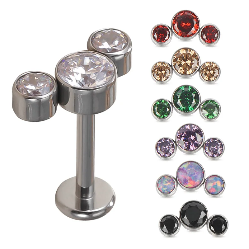 G23 Titanium Cartilage Barbells Earrings 3 CZ Stone Labret Rings Stud Helix Cartilage Tragus ear Lip studs Piercing Jewellry