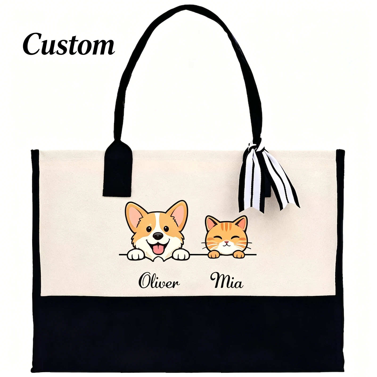 

Custom Canvas Tote Double Side Dog Cat Portrait Two Tone Black Personalized Name With Zipper Large Capacity For Daily Commute