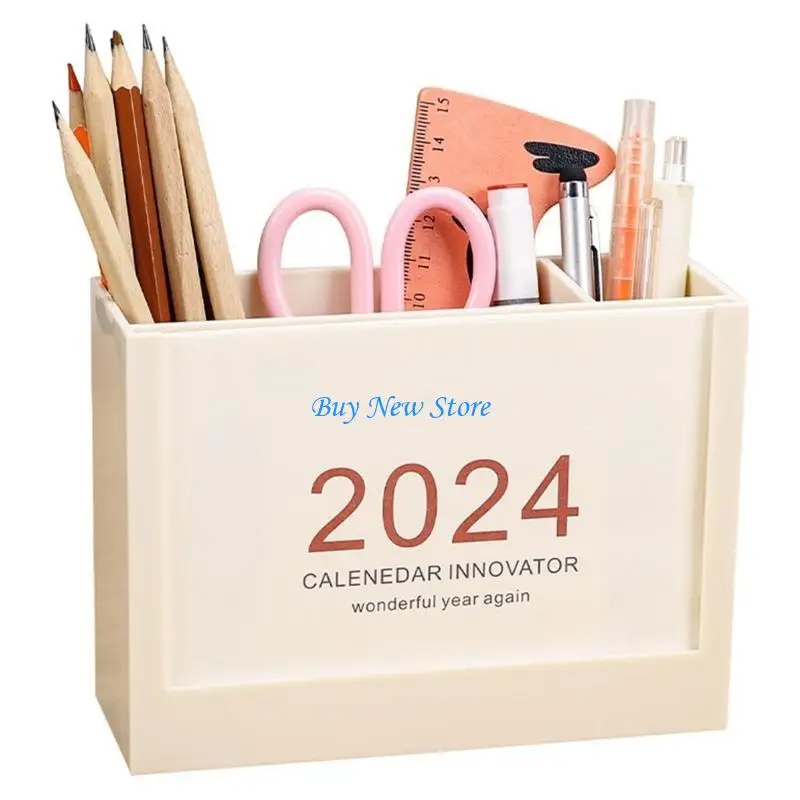 

20CE Multi purpose Pen Cup 2-IN-1 Pencil Holder with 2024 Desk Calendar, Office Desk Pen Organiser Holder Monthly Calendar