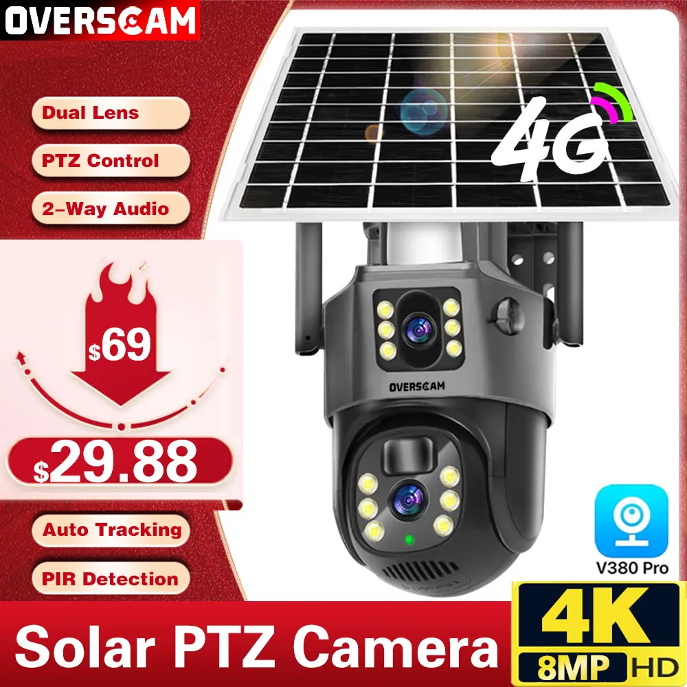 V380 Pro CCTV telecamere IP PTZ solari per esterni, 4G SIM Card Solar Wireless Dual Lens 4K 8MP, batteria integrata con monitoraggio sicuro e