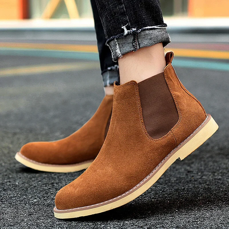 shoes man winter New Fashion Casual Men Ankle Chelsea Boots Male Shoes Cow Suede Leather Slip Ons plush warm Man snow Boots