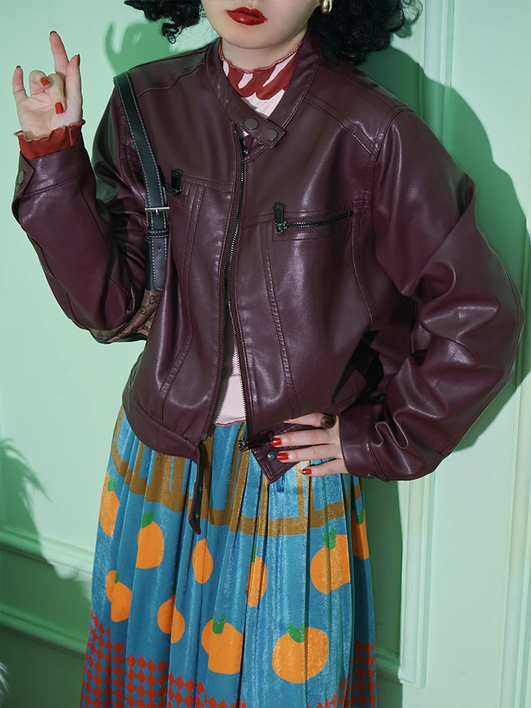 Early Autumn New Sle ort Sve Women's Leather Jaet Coffee Color Long Sve ort Coat Commute Sle Loose Fit PU Mat...