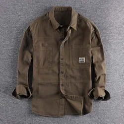 Vintage cargo shirt Men's autumn wash woven solid color fashion casual shirt