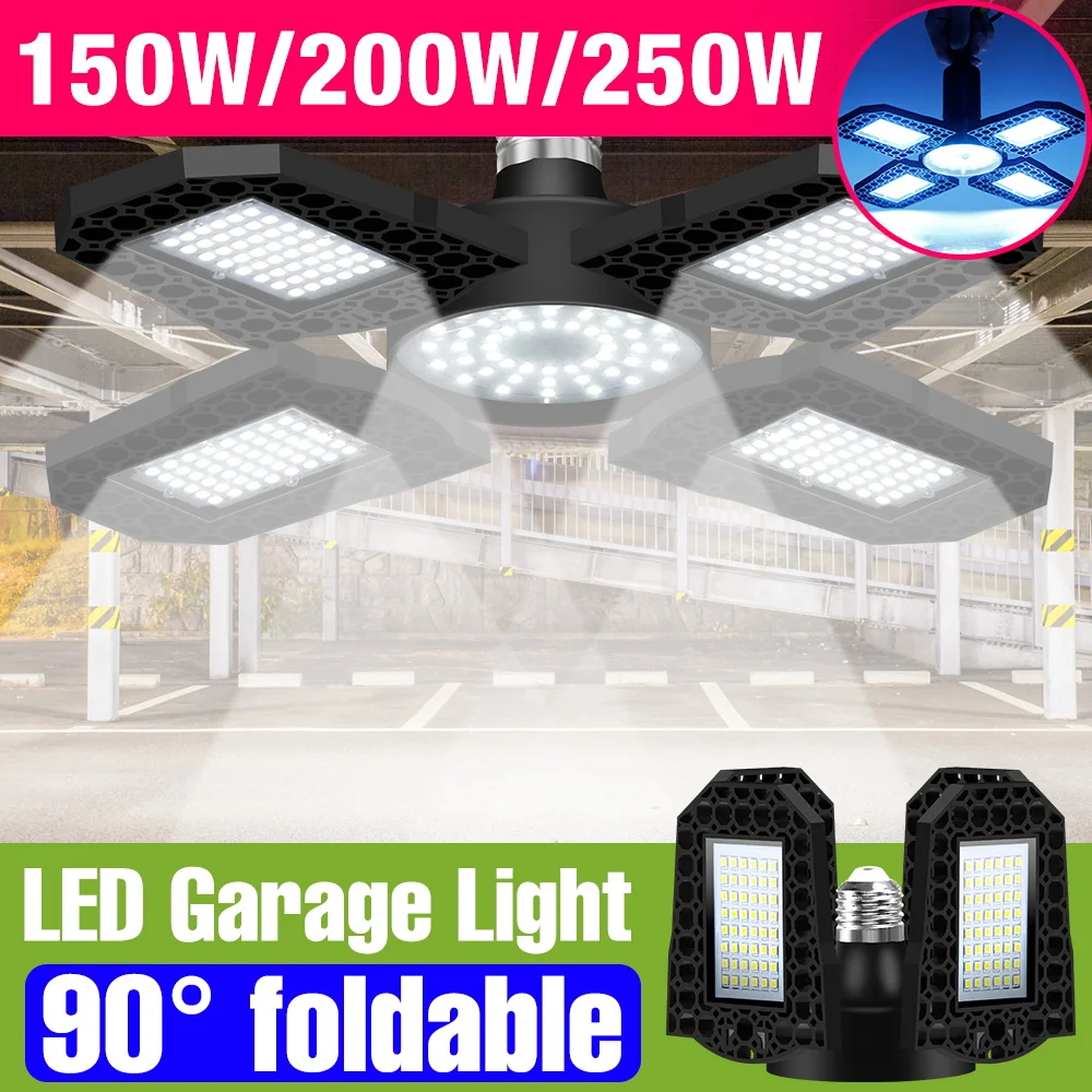 250W LED Garage Lights 220V Spotlight Bulbs E27 Foldable Workshop Lamp 110V Storehouse Basements Parking Lot Large Area Lighting
