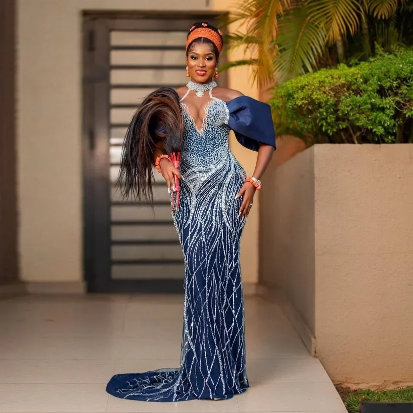 Nigerian Wedding Guest Dress Asoebi Gown Navy Blue African Aso Ebi Prom Dress Luxury Beading Lace Mermaid Formal Evening Dresses