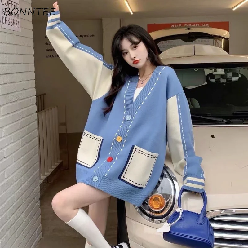 

V-neck Cardigan Women 2022 New Arrival Casual Vintage Panelled Patchwork Fashion Loose Simple Korean Style Ulzzang Knitwear Chic
