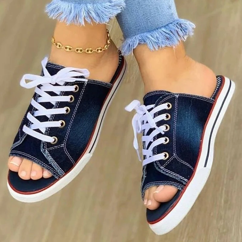 2022Fashion Women Canvas Sandals Breathable Summer Slippers Lace Up Open Toe Ladies Faux Denim Flat Shoes Zapatos Mujer Sandales