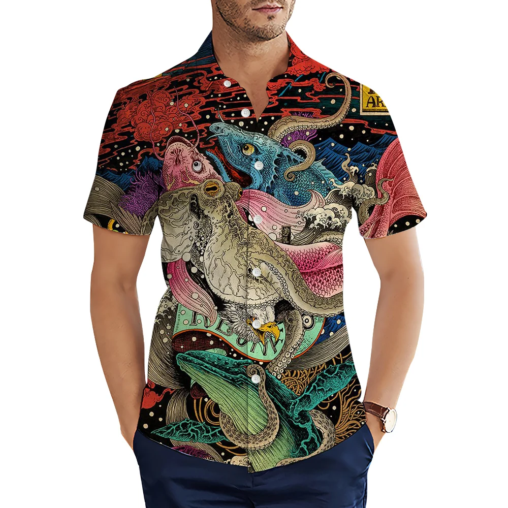 HX Fashion Shirts Japan Style Animal Golden Dragon Carp Art 3D Printed Casual Shirt Summer Short Sleeve Tops Men Clothing