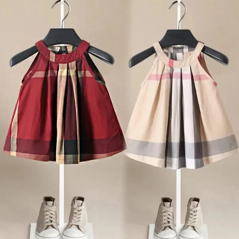 100% cotone abbigliamento estivo per bambini 2023 nuove ragazze vestono 3-5 anni ragazza Plaid abiti da principessa gonna Kawaii della neonata