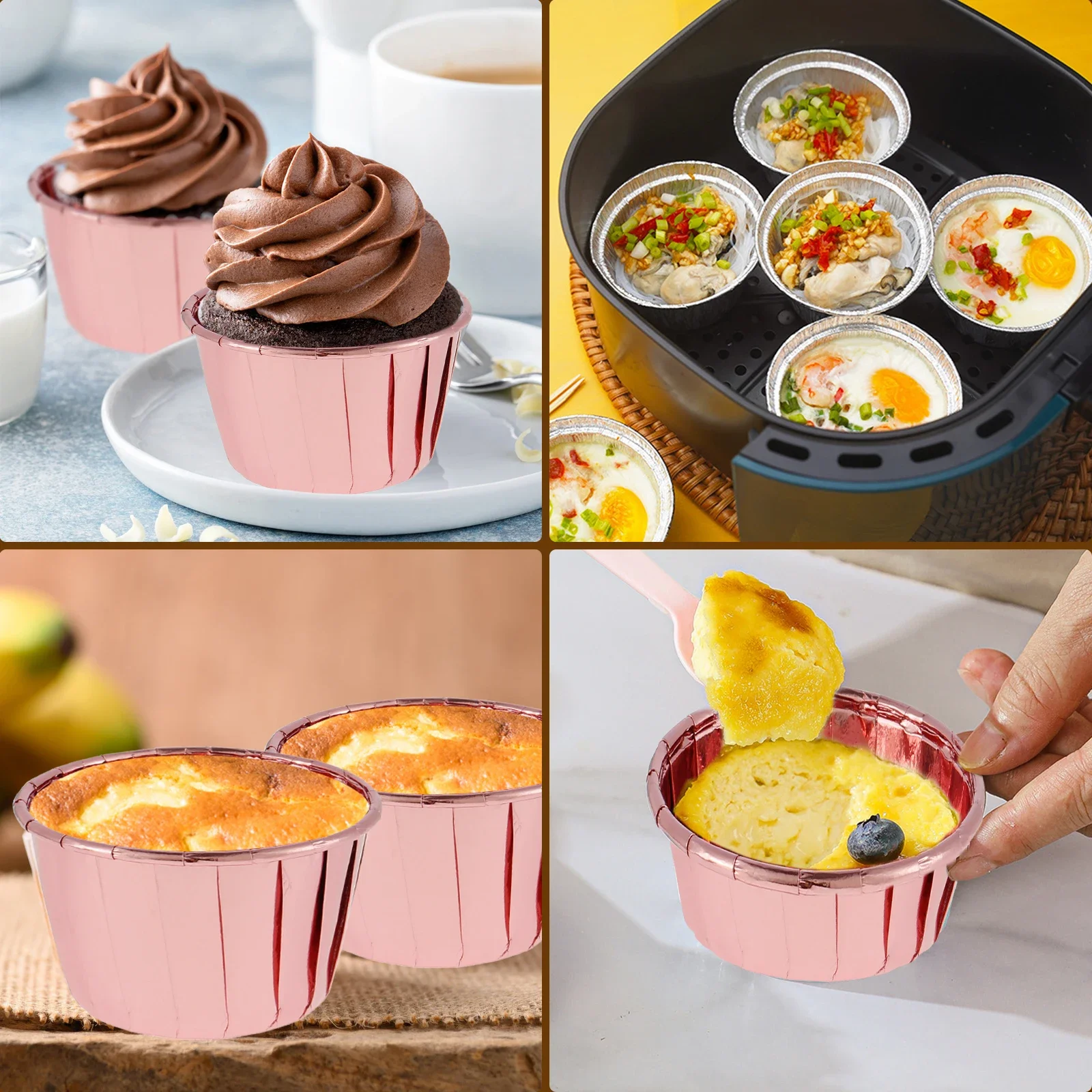 50Pc Foil Cupcake Liners with Lids Heat Resistant 5.5oz Aluminum Cake Cups Round Foil Baking Cups Kitchen Wedding Party Supplies