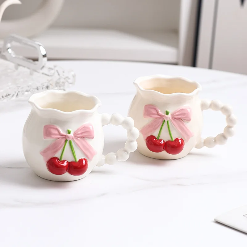 Elegant Relief Cherry Ceramic Mug Pink Girly Office Coffee Cup Underglaze Gift