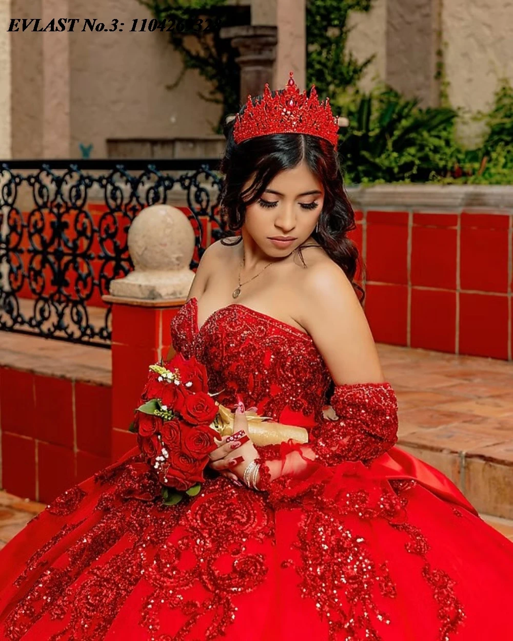 EVLAST Customized Shiny Sequins Red Quinceanera Dress Ball Gown Applique Beading Ruffles Back Sweet 16 Vestido De 15 Anos E3Q374