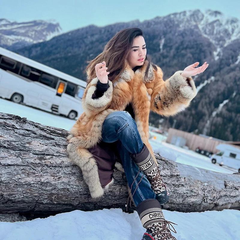 

Natural Fox Fur Woven Coat Women Streetwear Winter Luxury Straight Outertwear Long Sleeve Thick Genuine Real Fox Fur Jacket Lady