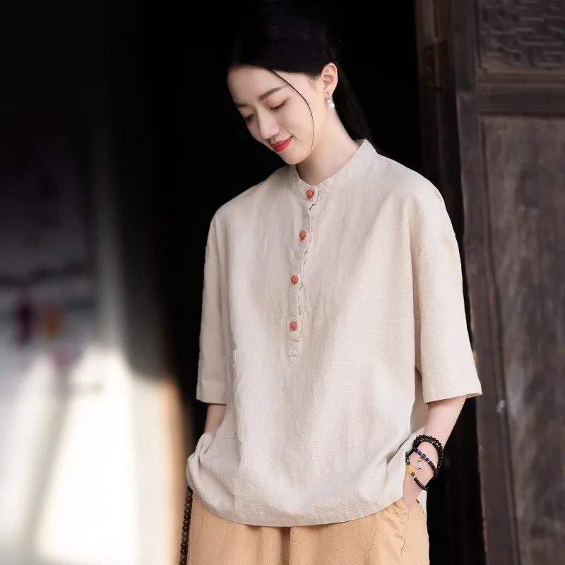 

Yourqipao Summer Cotton Linen Retro Tops Chinese Style Stand Collar Color-blocking Short-sleeved Loose Tops T-shirt for Women
