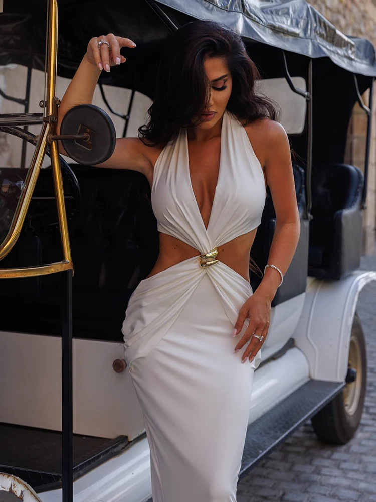 Articat Sexy Deep V Metal Hollow Out Long Dress Women Elegant Backless Bodycon Party Club Evening Dress Summer Holiday Beachwear