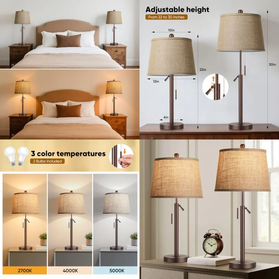

Bedside Lamps Set of 2, Tall Table Lamps for Living Room, Height Adjustable Nightstand Lamps for Bedroom, Modern End Table Lamp