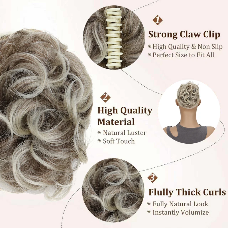 Klauenclip-Haarteil für unordentlichen Dutt, synthetische lockige Haarverlängerung für Damen mit Klauenclip, voluminöses Haar-Accessoire – Detail 3