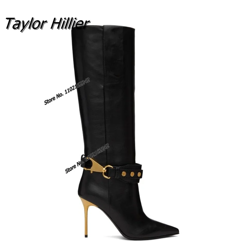 

Top Quality High-Heeled Boots Pointed Toe Thin Heel Metal Decoration Knee High Side Zipper Women'S Boots Warm Winter Autumn