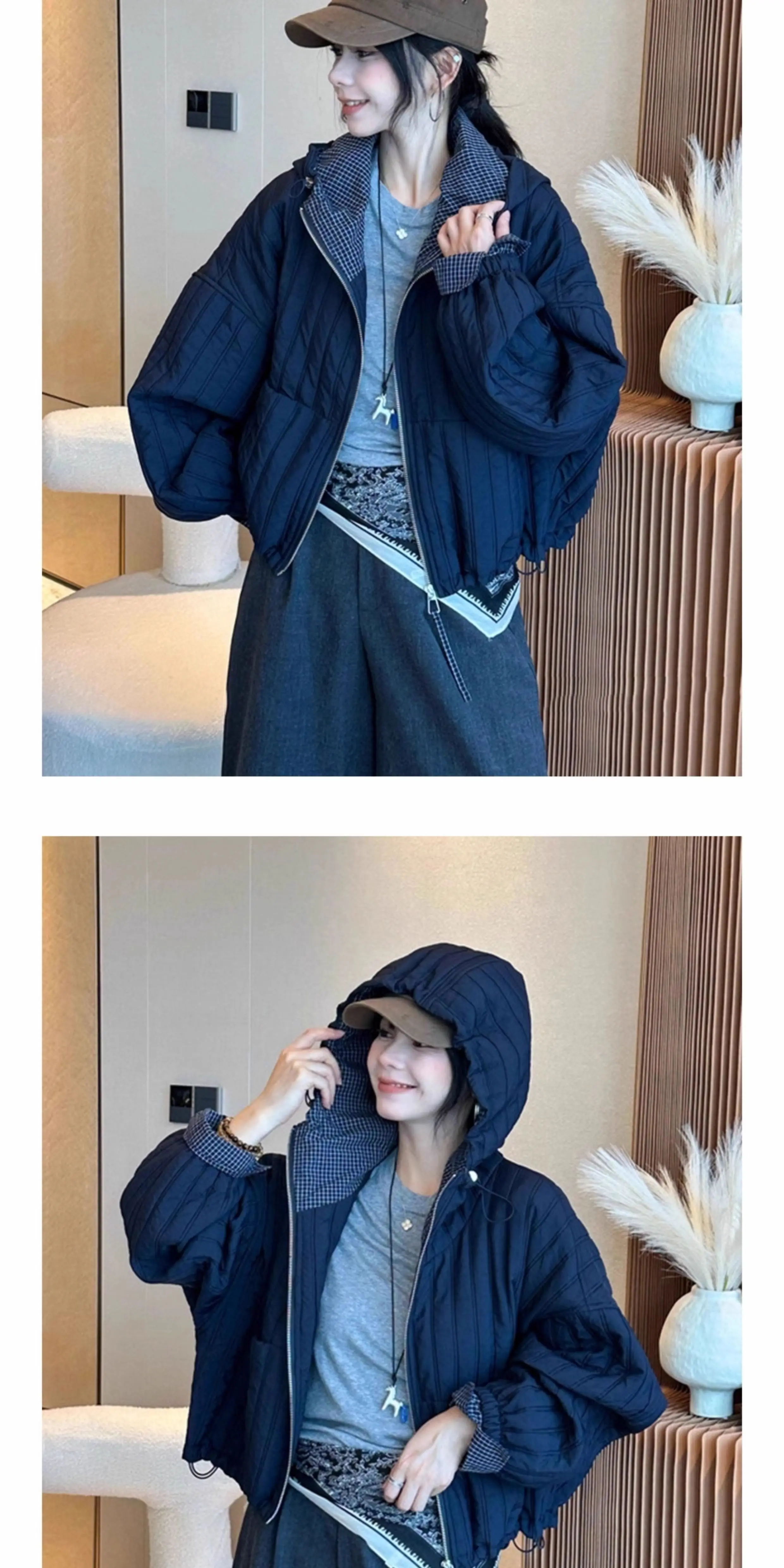 Korean Loose Hooded Plaid Patchwork Quilted Coat for Women Autumn Winter Casual Cotton Padded Jacket Women Zip Up Cropped Parkas