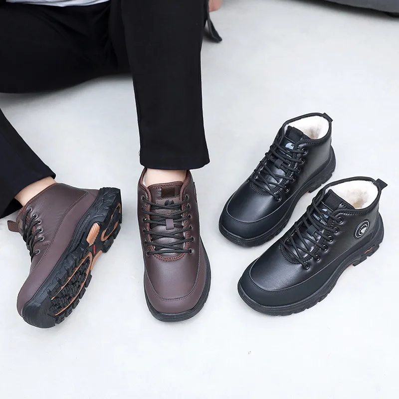 أحذية الثلوج الشتوية للرجال مع الصوف والدفء السميك، أحذية قطنية خارجية مضادة للانزلاق ومقاومة للاهتراء ونعل سميك