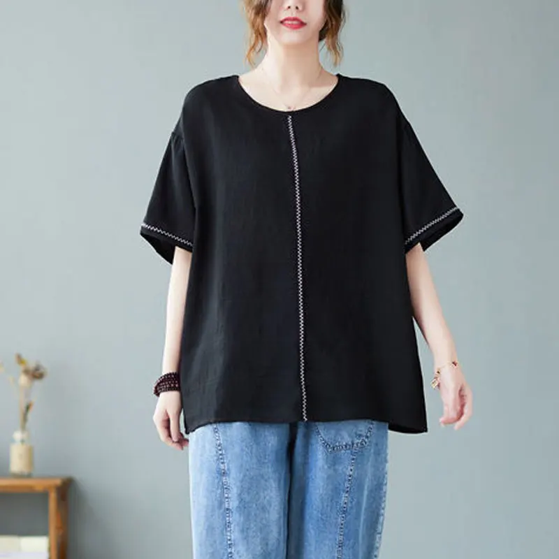 Casual Short Sleeve Pullovers Summer Thin All-match O-Neck Female Clothing Stylish Bright Line Decoration Loose Spliced T-shirt
