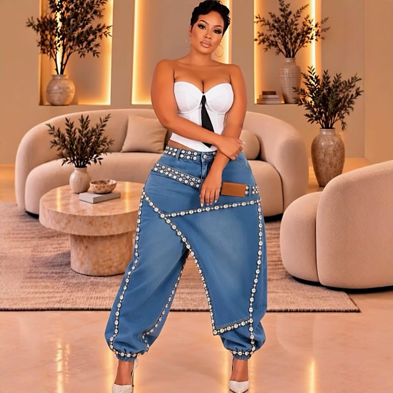 Womens Irregular Asymmetrical Denim Jogger Pants High Waist Rhinestone Pearl Studded Patchwork Baggy Jeans Trousers